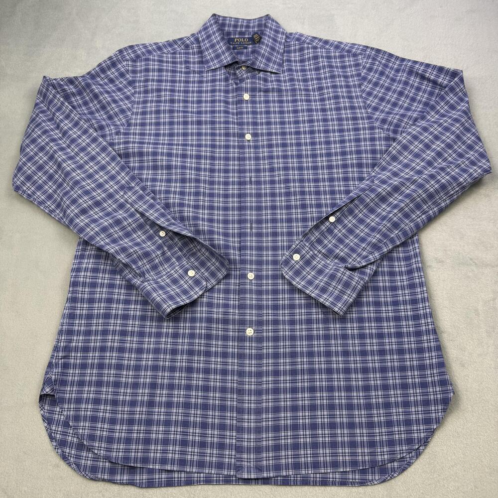 Polo Ralph Lauren Shirt Mens 16.5 Blue Plaid Slim Fit Long Sleeve Dress